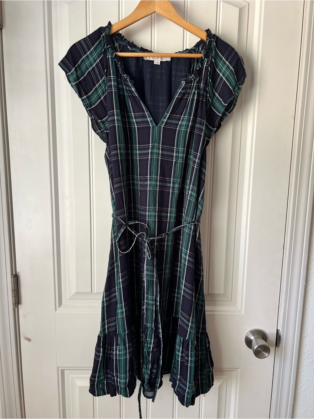 LOFT Navy and Green Plaid V-Neck Tie-Waist Midi Dress